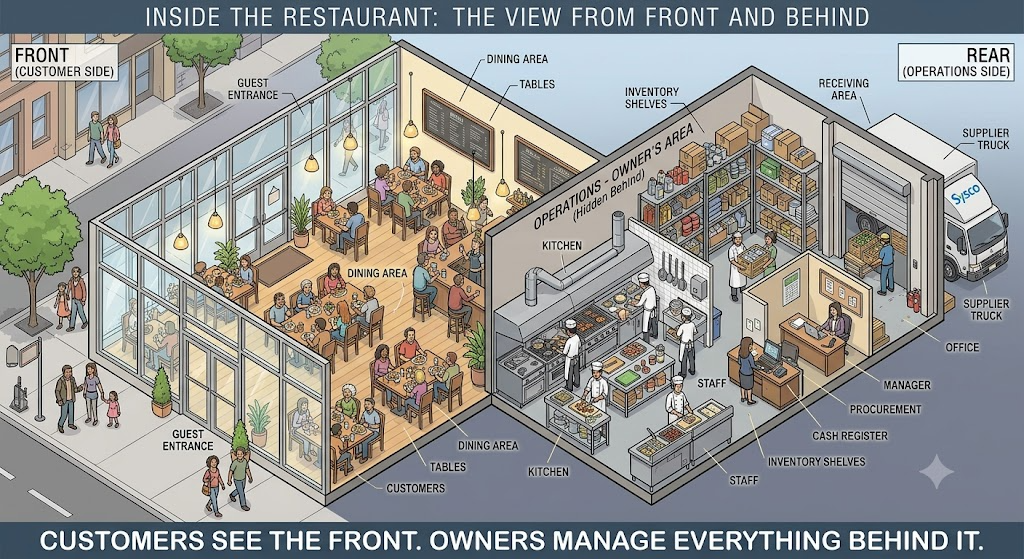 Restaurant business system showing suppliers, operations, inventory and customer experience.